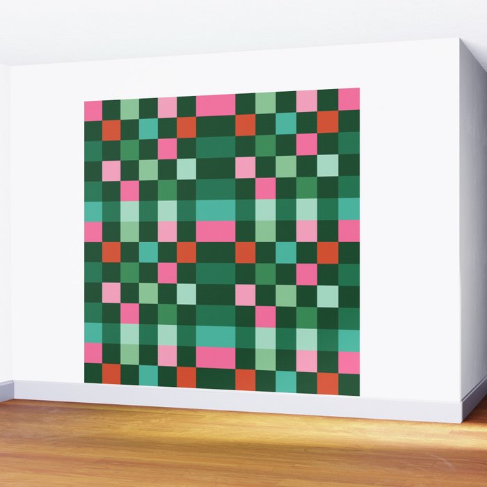 Christmas Checks Pattern - Green Red and Pink Wall Mural Gallery Image 2