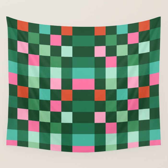 Christmas Checks Pattern - Green Red and Pink Wall Tapestry Gallery Image 4