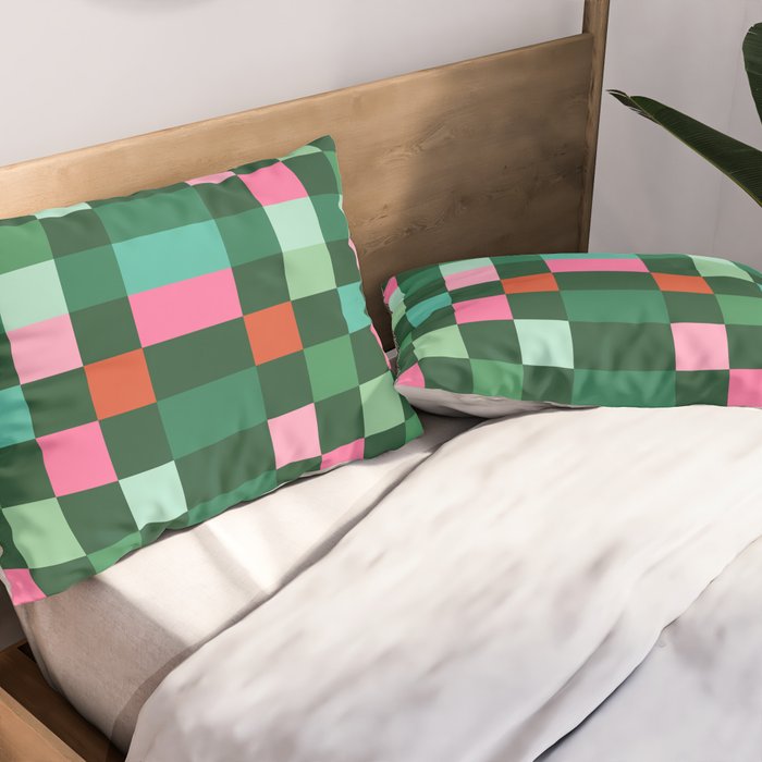 Christmas Checks Pattern - Green Red and Pink Pillow Sham Gallery Image 2