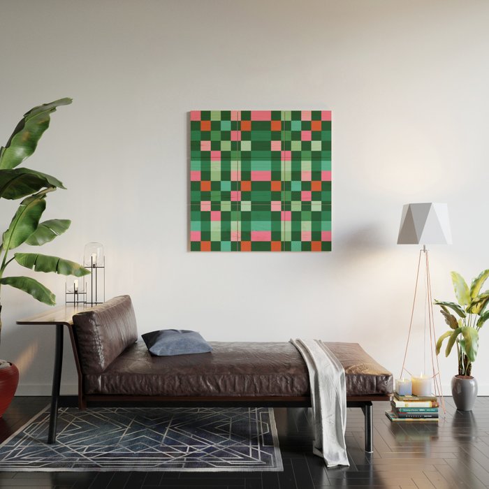 Christmas Checks Pattern - Green Red and Pink Wood Wall Art Gallery Image 2