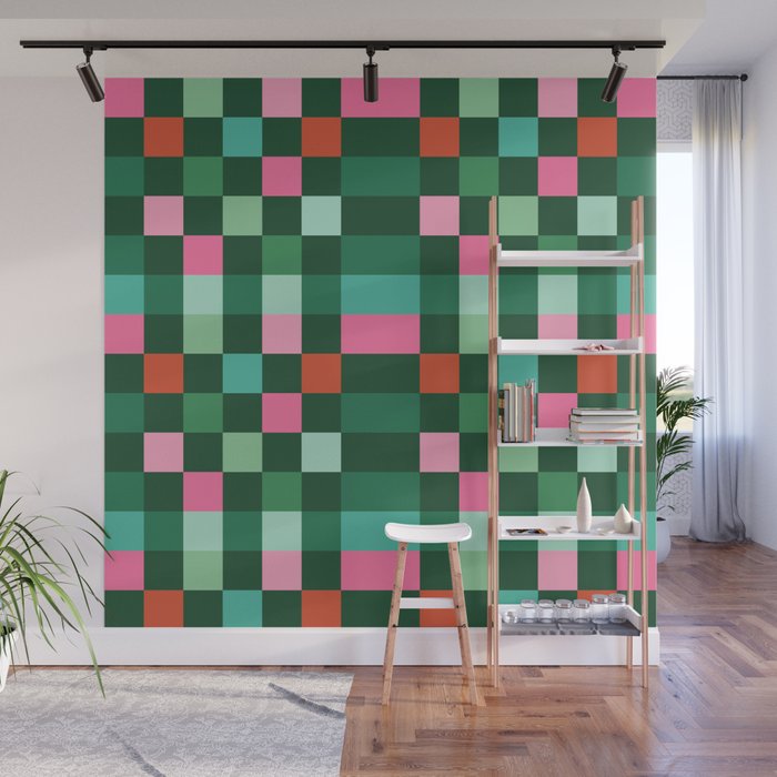 Christmas Checks Pattern - Green Red and Pink Wall Mural Gallery Image 1