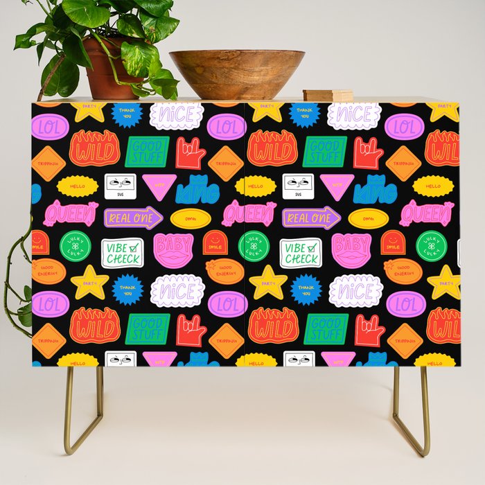 Funny retro sticker quote cartoon pattern Credenza Gallery Image 1