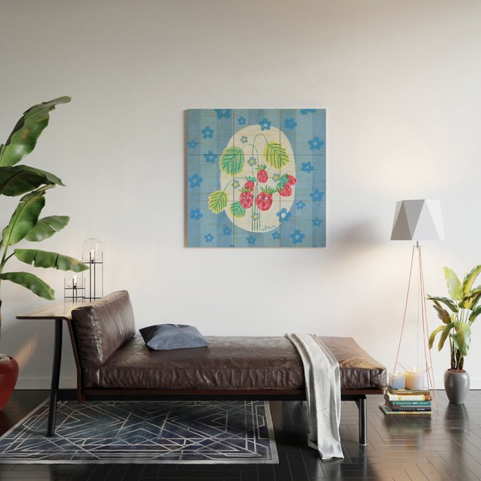 Sweet Strawberry Plant Friends in Sky Blue & Pink Wood Wall Art Gallery Image 2