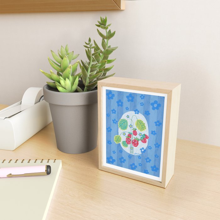 Sweet Strawberry Plant Friends in Sky Blue & Pink Mini Art Print Gallery Image 2