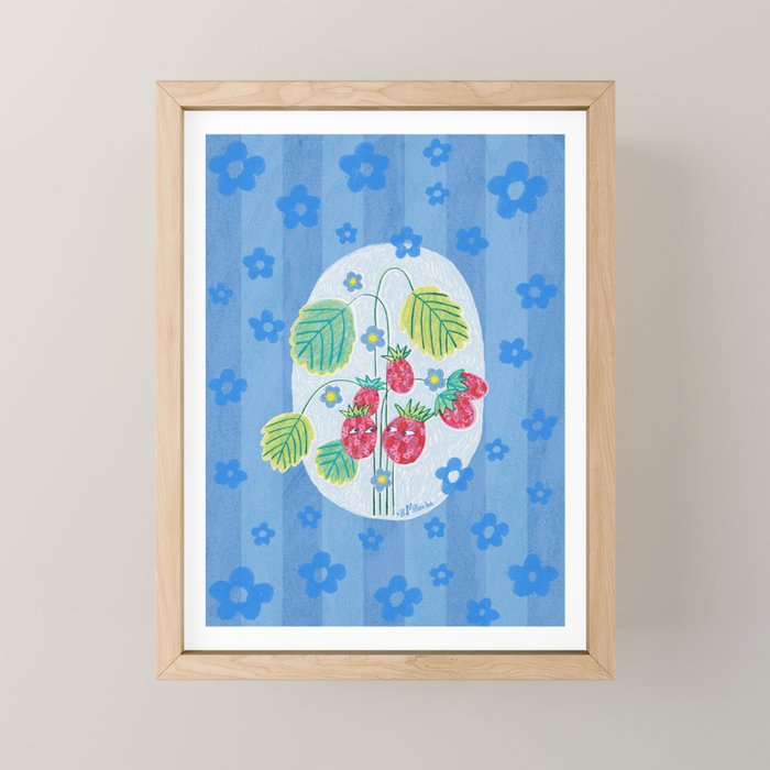 Sweet Strawberry Plant Friends in Sky Blue & Pink Mini Art Print Gallery Image 1