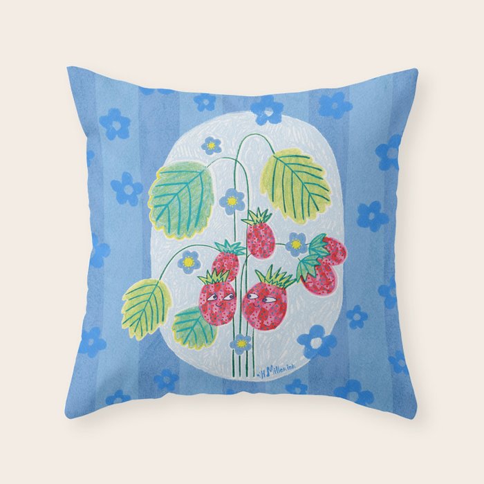 Sweet Strawberry Plant Friends in Sky Blue & Pink Throw Pillow Gallery Image 6