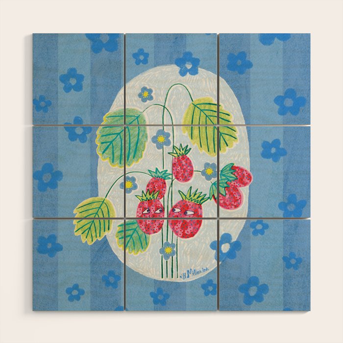 Sweet Strawberry Plant Friends in Sky Blue & Pink Wood Wall Art Gallery Image 1