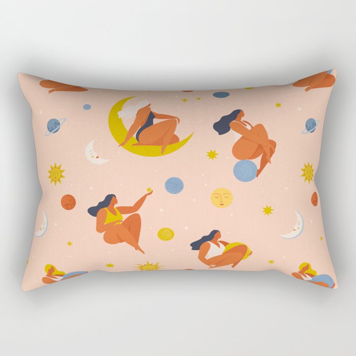 Collection of women holding planet with dream universe. Rectangular Pillow Gallery Image 1