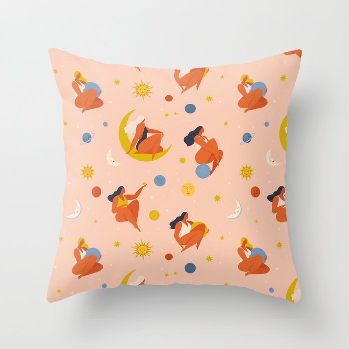 Collection of women holding planet with dream universe. Throw Pillow Gallery Image 6