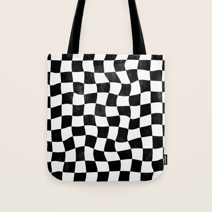 Black and White Warped Checkerboard Tote Bag Gallery Image 1