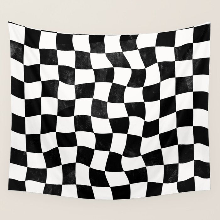 Black and White Warped Checkerboard Wall Tapestry Gallery Image 4