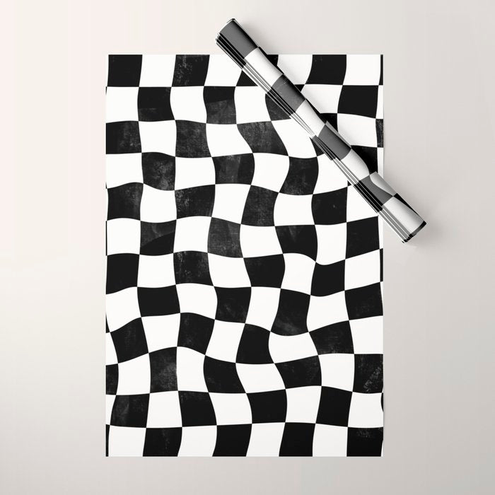 Black and White Warped Checkerboard Wrapping Paper Gallery Image 1