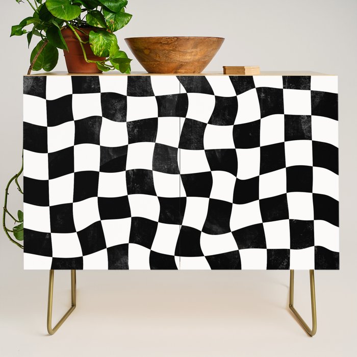 Black and White Warped Checkerboard Credenza Gallery Image 1