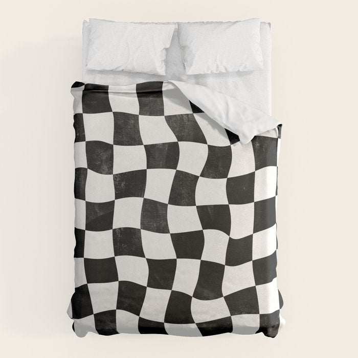 Black and White Warped Checkerboard Duvet Cover Gallery Image 1