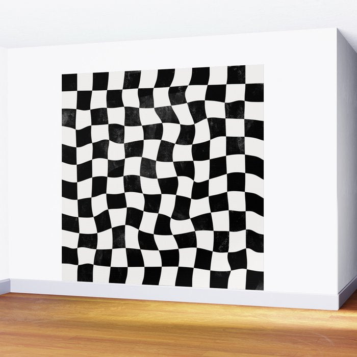 Black and White Warped Checkerboard Wall Mural Gallery Image 2