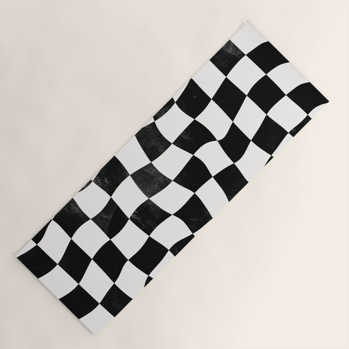 Black and White Warped Checkerboard Yoga Mat Gallery Image 1