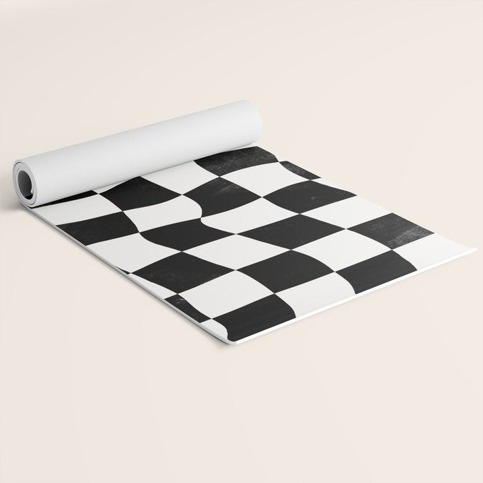 Black and White Warped Checkerboard Yoga Mat Gallery Image 2