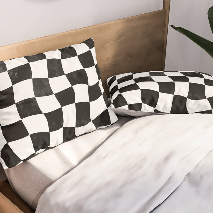 Black and White Warped Checkerboard Pillow Sham Gallery Image 2
