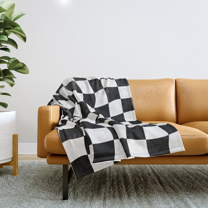 Black and White Warped Checkerboard Throw Blanket Gallery Image 1