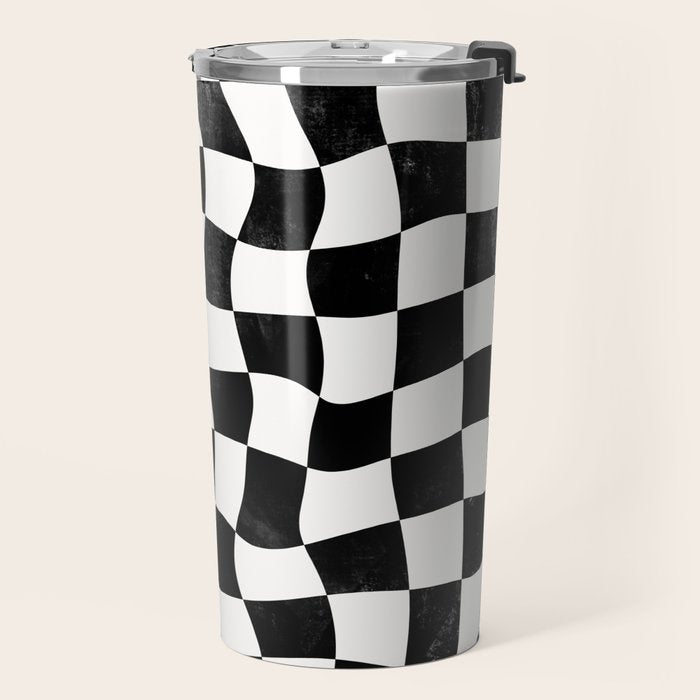 Black and White Warped Checkerboard Travel Mug Gallery Image 2