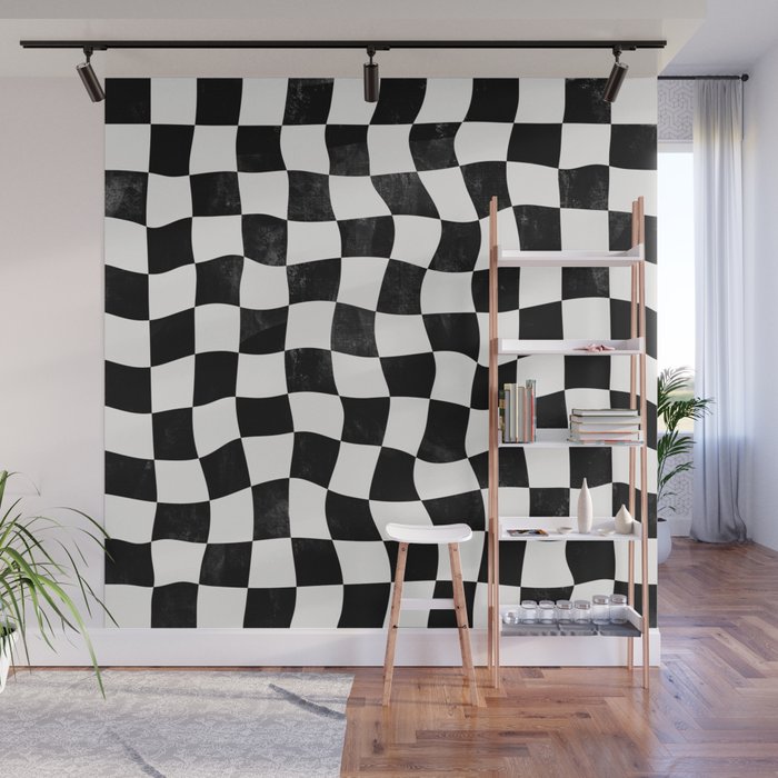 Black and White Warped Checkerboard Wall Mural Gallery Image 1