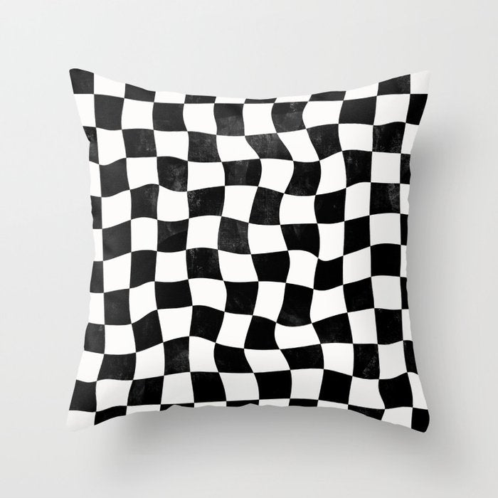 Black and White Warped Checkerboard Throw Pillow Gallery Image 1