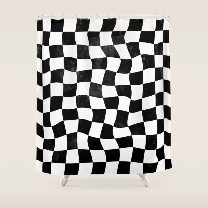 Black and White Warped Checkerboard Shower Curtain Gallery Image 1