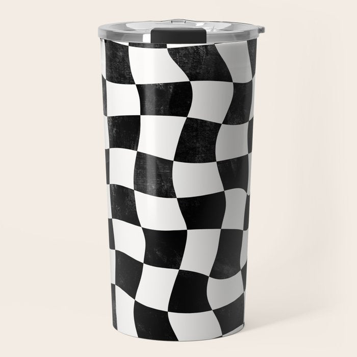Black and White Warped Checkerboard Travel Mug Gallery Image 1
