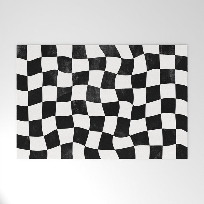 Black and White Warped Checkerboard Welcome Mat Gallery Image 1
