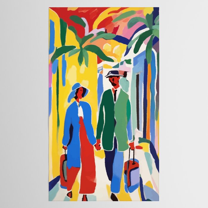 A Witness To Your Life's Journey, Tropical Travel Couple People Summer, Colorful Eclectic Bohemian Contemporary Painting Palm Trees Tablecloth Gallery Image 2