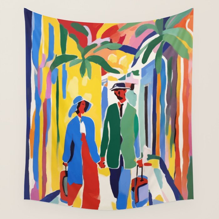 A Witness To Your Life's Journey, Tropical Travel Couple People Summer, Colorful Eclectic Bohemian Contemporary Painting Palm Trees Wall Tapestry Gallery Image 4