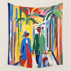 A Witness To Your Life's Journey, Tropical Travel Couple People Summer, Colorful Eclectic Bohemian Contemporary Painting Palm Trees Wall Tapestry Gallery Image 4