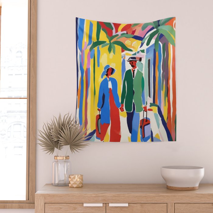 A Witness To Your Life's Journey, Tropical Travel Couple People Summer, Colorful Eclectic Bohemian Contemporary Painting Palm Trees Wall Tapestry Gallery Image 2