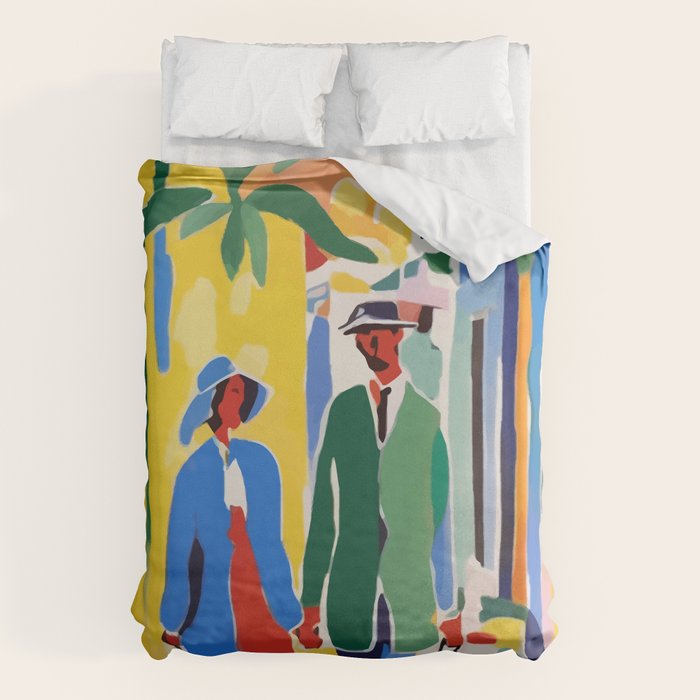 A Witness To Your Life's Journey, Tropical Travel Couple People Summer, Colorful Eclectic Bohemian Contemporary Painting Palm Trees Duvet Cover Gallery Image 6