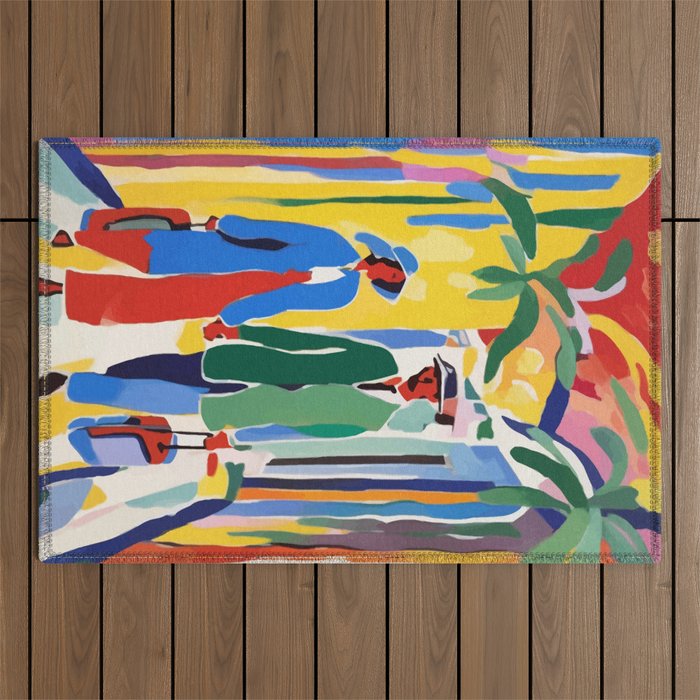 A Witness To Your Life's Journey, Tropical Travel Couple People Summer, Colorful Eclectic Bohemian Contemporary Painting Palm Trees Outdoor Rug Gallery Image 1