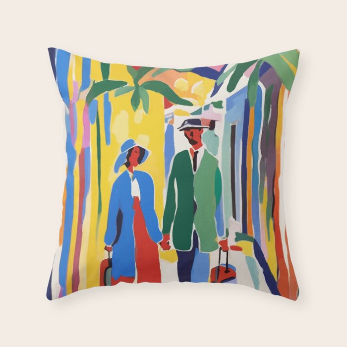 A Witness To Your Life's Journey, Tropical Travel Couple People Summer, Colorful Eclectic Bohemian Contemporary Painting Palm Trees Throw Pillow Gallery Image 6