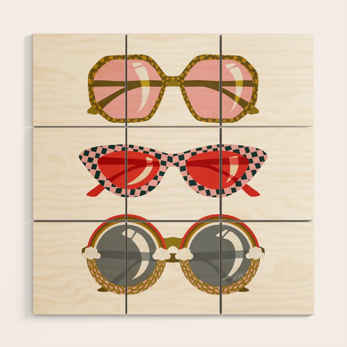 Retro Sunglasses - Pink & Red on Teal Wood Wall Art Gallery Image 1