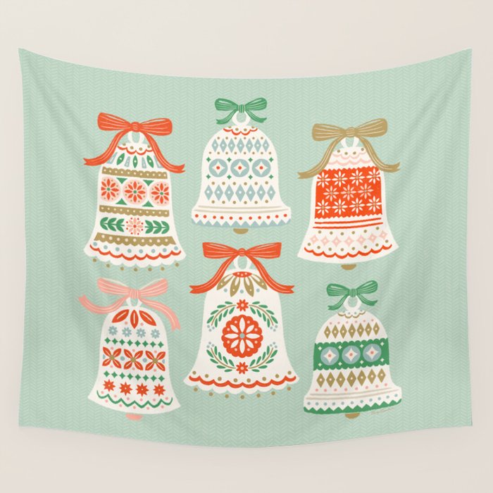 Folk Art Holiday Bells - Light Green Wall Tapestry Gallery Image 1