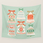 Folk Art Holiday Bells - Light Green Wall Tapestry Gallery Image 4