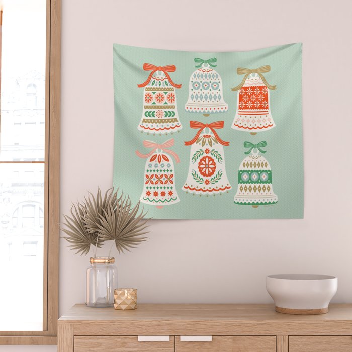 Folk Art Holiday Bells - Light Green Wall Tapestry Gallery Image 2