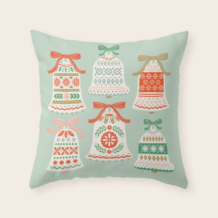 Folk Art Holiday Bells - Light Green Throw Pillow Gallery Image 1