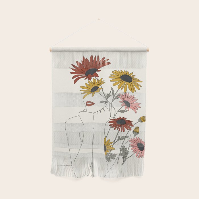 Colorful Thoughts Minimal Line Girl with Sunflowers Wall Hanging Gallery Image 1