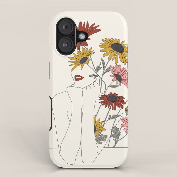 Colorful Thoughts Minimal Line Girl with Sunflowers iPhone Case Gallery Image 1
