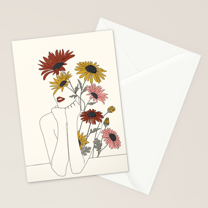 Colorful Thoughts Minimal Line Girl with Sunflowers Stationery Card Gallery Image 2