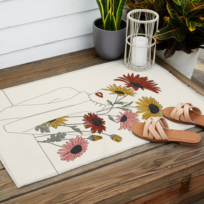 Colorful Thoughts Minimal Line Girl with Sunflowers Outdoor Rug Gallery Image 2