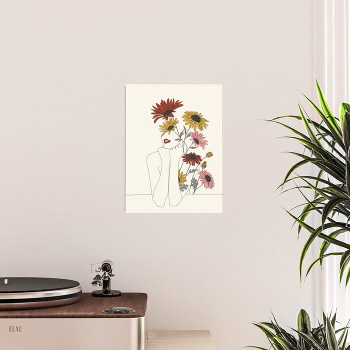 Colorful Thoughts Minimal Line Girl with Sunflowers Poster Gallery Image 2