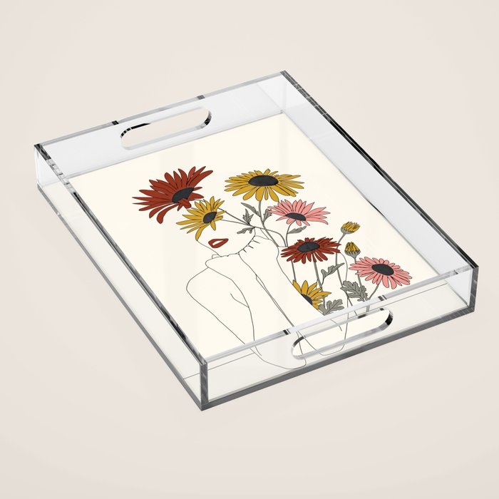 Colorful Thoughts Minimal Line Girl with Sunflowers Acrylic Tray Gallery Image 1