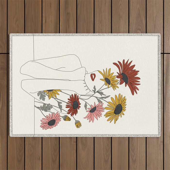 Colorful Thoughts Minimal Line Girl with Sunflowers Outdoor Rug Gallery Image 1