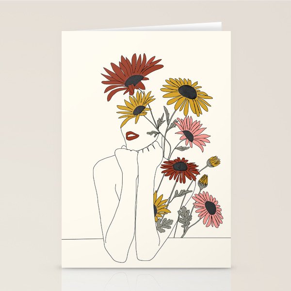 Colorful Thoughts Minimal Line Girl with Sunflowers Stationery Card Gallery Image 1
