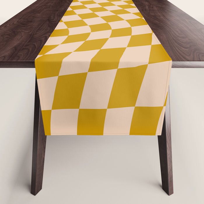 Retro Wavy Optical Illusion Checkerboard Pattern in Mustard Yellow and Cream Table Runner Gallery Image 1